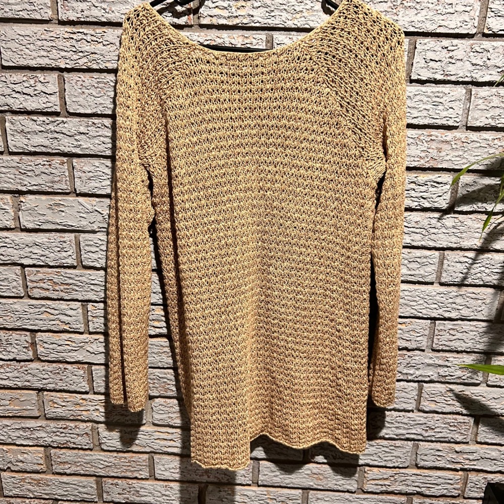 Lauren Ralph Lauren Tan Open Knit Crochet Scoop Neck Long Sleeve Sweater - Picture 2 of 7